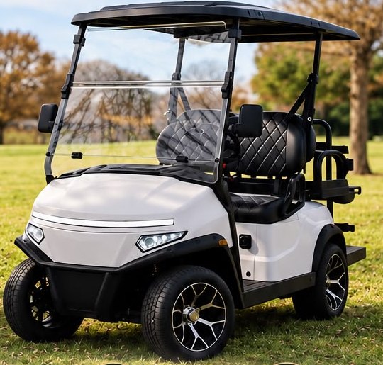 White 4-seater Denago golf cart with quilted seats