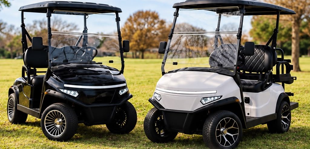 Two Cruz 4-seater Denago golf carts, one black and one white, parked on a lawn